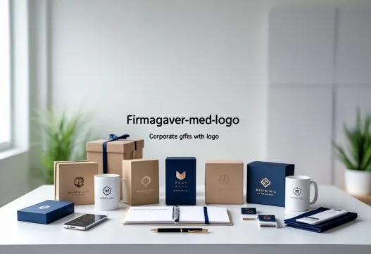 Professionelt billede af firmagaver med logo, der viser forskellige gaveideer i høj kvalitet.